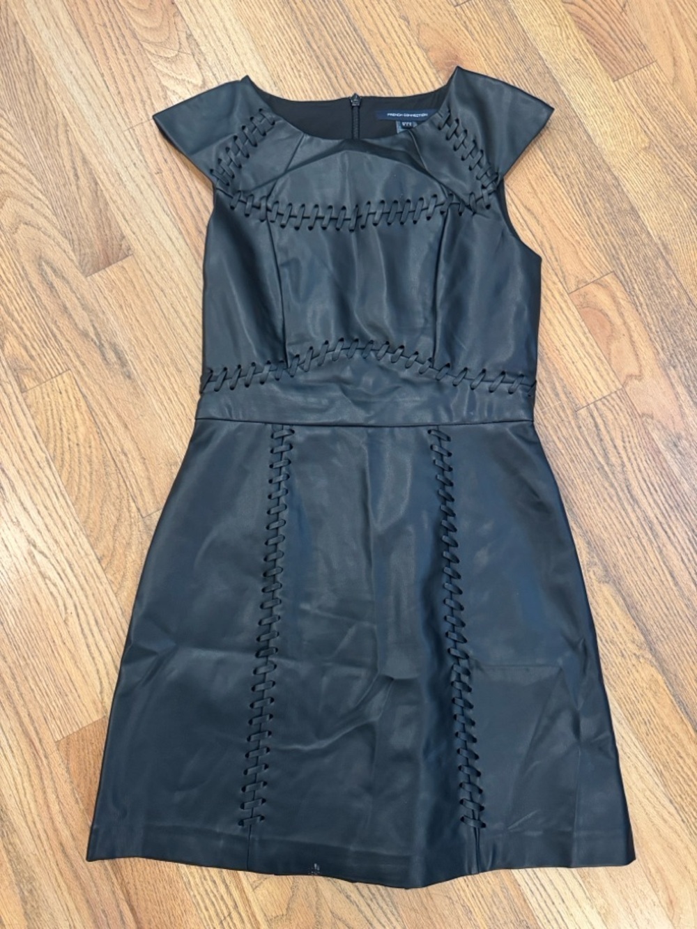French Connection Black Faux Leather A-Line Dress with Whipstitch Detail
